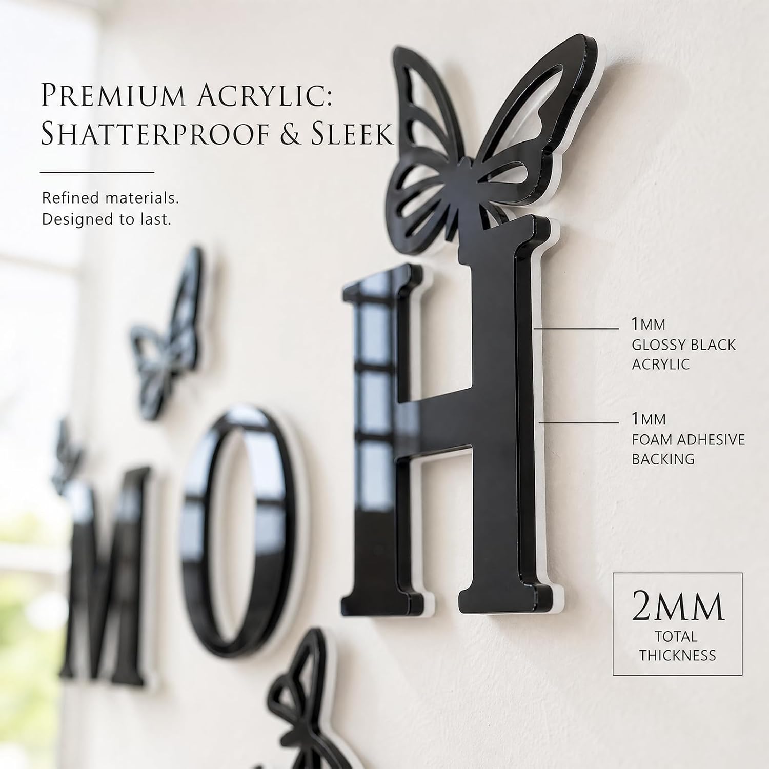 Home Wall Decor Decorations - 10PCS Black Acrylic Signs for Living Room, Large Modern House Art for Kitchen and Bedroom, Rustic Farmhouse Style Letters with Butterflies