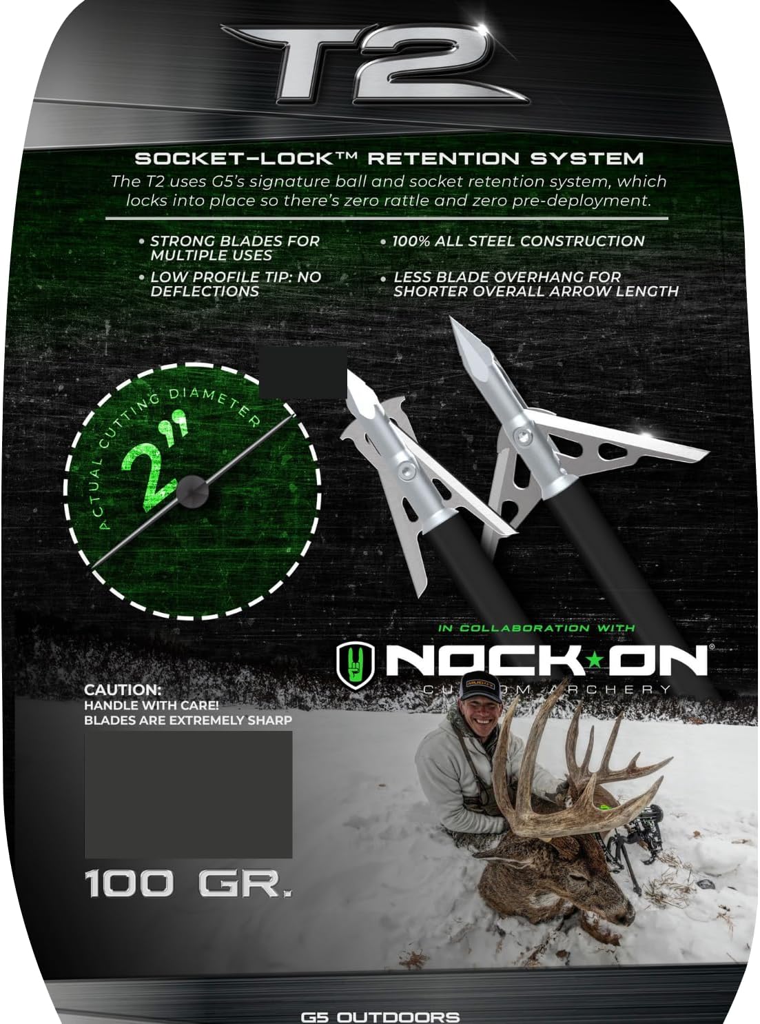 G5 T2 Expandable 2-Blade Broadheads | 3-Pack | 100/125 Grains | Razor Sharp 2" Cutting Diameter Mechanical Blades | Screw in | Compound & Recurve Compatible