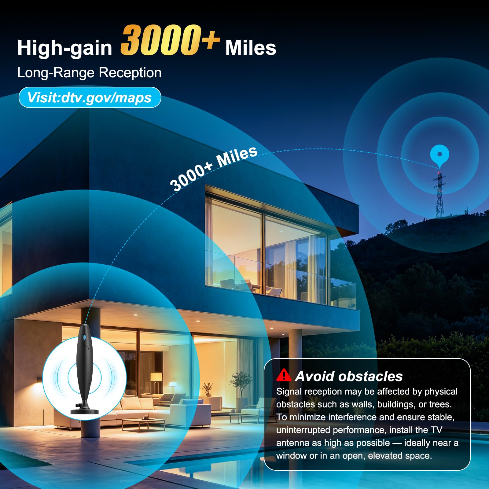 Antena de TV 2026 para Smart TV: antena digital interior para canales locales con base magnética, recepción de largo alcance de más de 3600 millas de alta ganancia con amplificador de señal