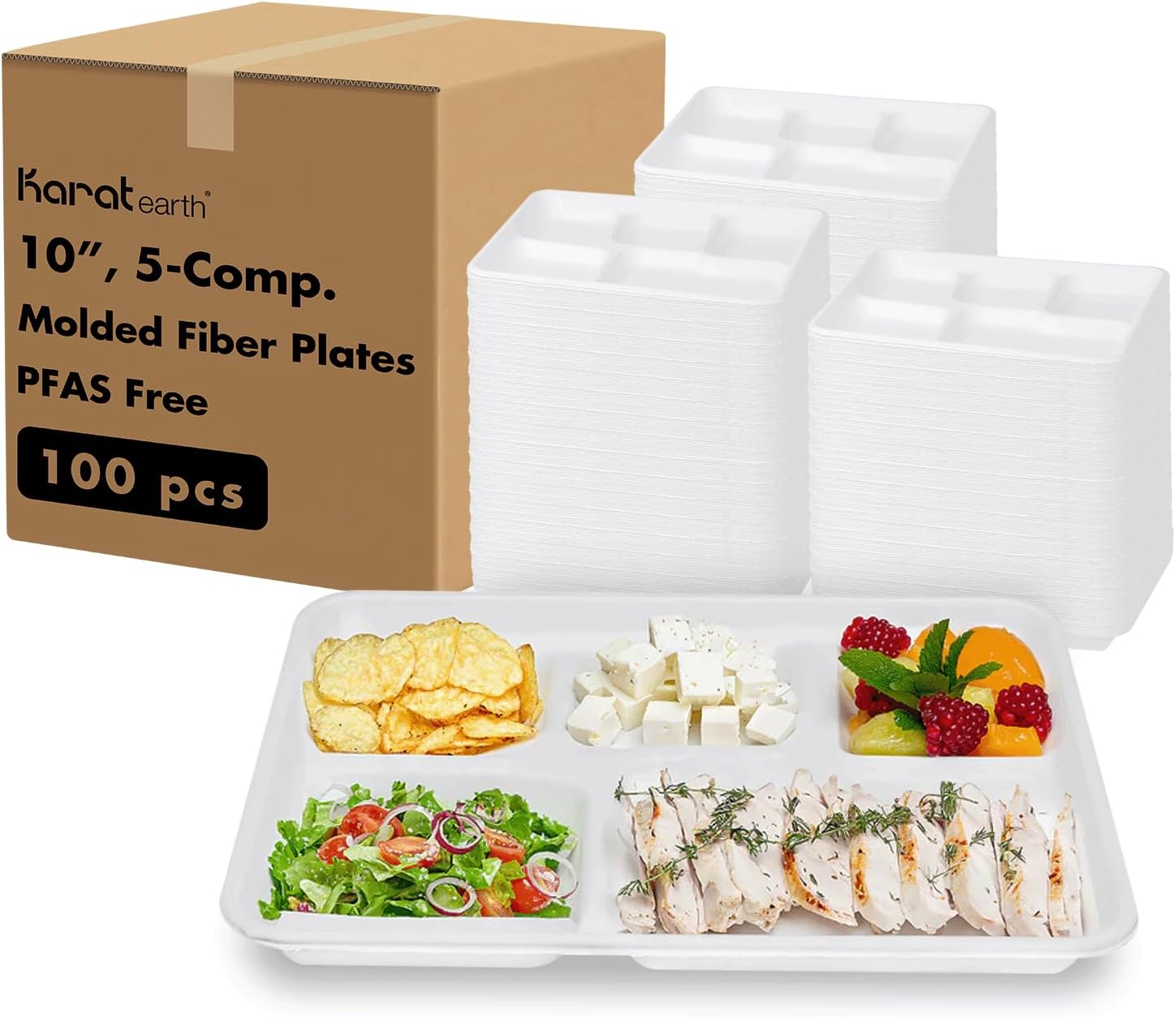 KARAT EARTH Biodegradable Bagasse Tray, Compostable Food Tray, PFAS Free, 5-Compartments - Case (Case of 400 pcs)