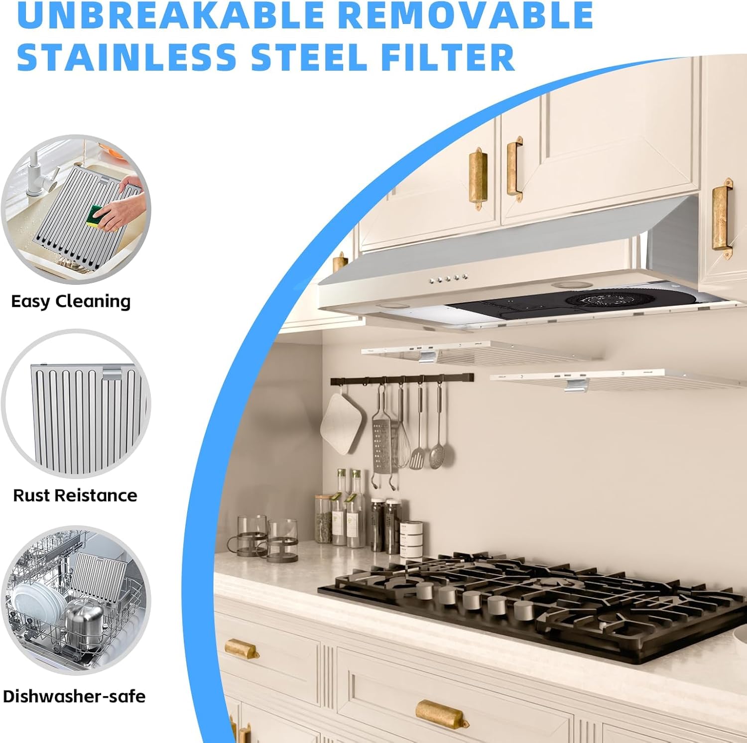 30 - Inch Under Cabinet Range Hood with 450 CFM, Ducted/Ductless Convertible (Kit Not Included), 3 - Speed Exhaust Fan, Stainless Steel Top/Rear Vent with Permanent filter