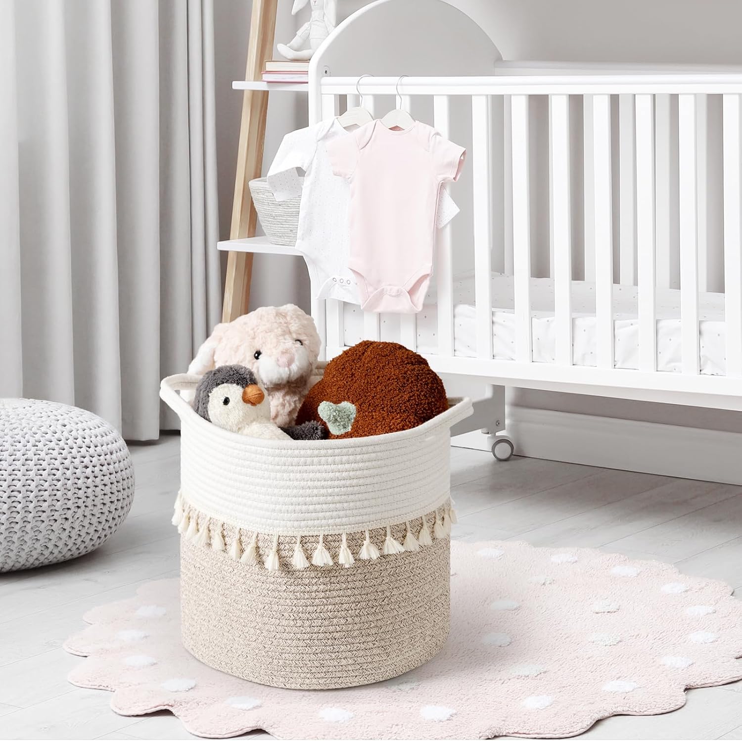 danpinera 11 Inch Storage Baskets Set of 3, Cotton Woven Baskets for Storage with Strong Handles & Stylish Tassel, Storage Bins, Decorative baskets for shelves, Nursery, Laundry, White & Mixed Brown