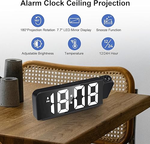 Miniatura 2 de GuDoQi Reloj despertador de proyección, reloj LED para dormitorio, reloj de proyección digital en pared del techo con gran número, temperatura,