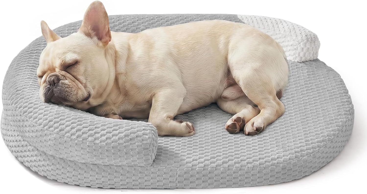 JOEJOY Orthopedic Dog Bed Medium Size Dogs, Waterproof Washable Oval Dog Beds with Removable Cover, Egg-Crate Memory Foam Pet Bed with Bolster Sides & Non-Skid Bottom, Light Grey, 28”x20”