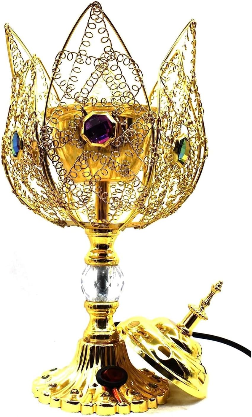 Electric Incense Burner | Arabic-Middle Eastern Style Metal Bakhoor Burner | Traditional Tabletop Censer for Aromatherapy, Home Fragrance, Yoga, Spa, Office Decor (Golden-, WT-38L)