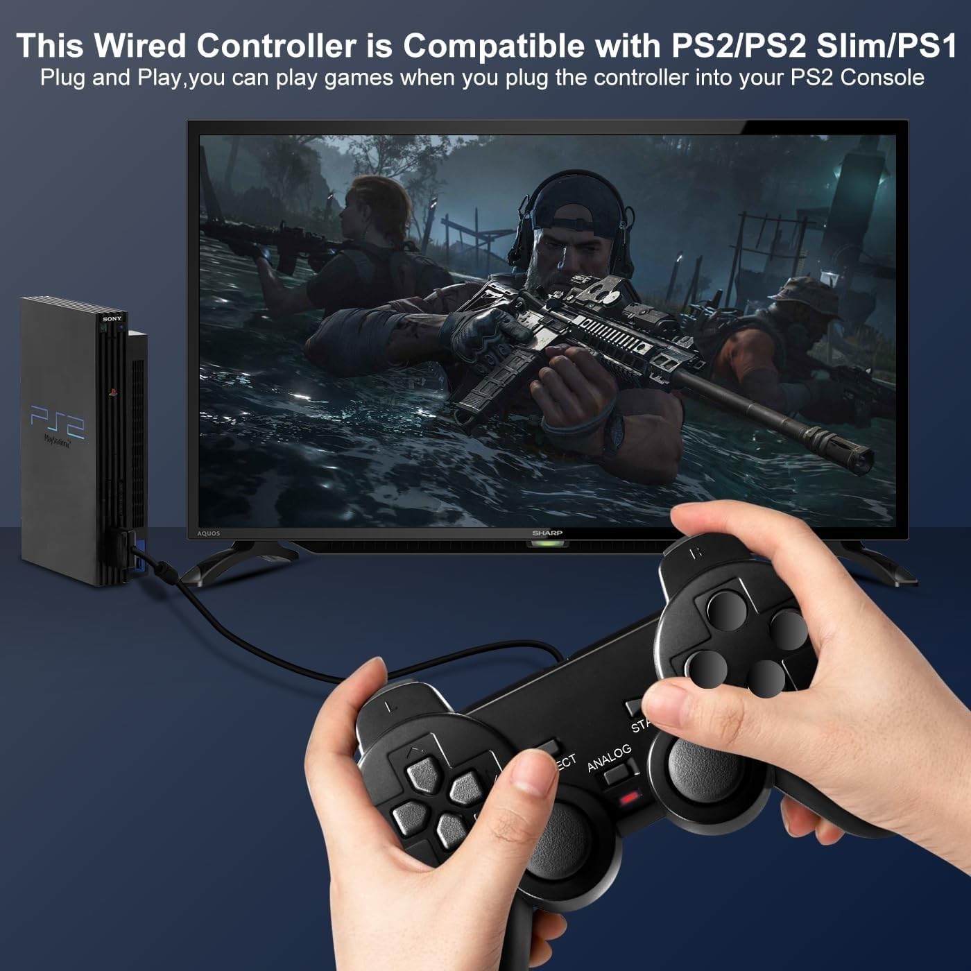 FLLAGG20 | 2X Controller cablato Compatibile con Ps2, PS1, PSX | Nero, 1.8m cavo, | Doppia Vibrazione, Plug and Play, layout ergonomico | Joystick Compatibile con giochi arcade