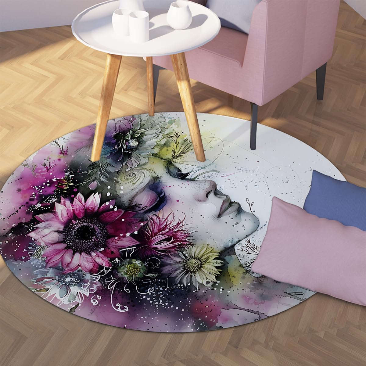 Tapis de salon lavable rond floral rose sous une table de bureau