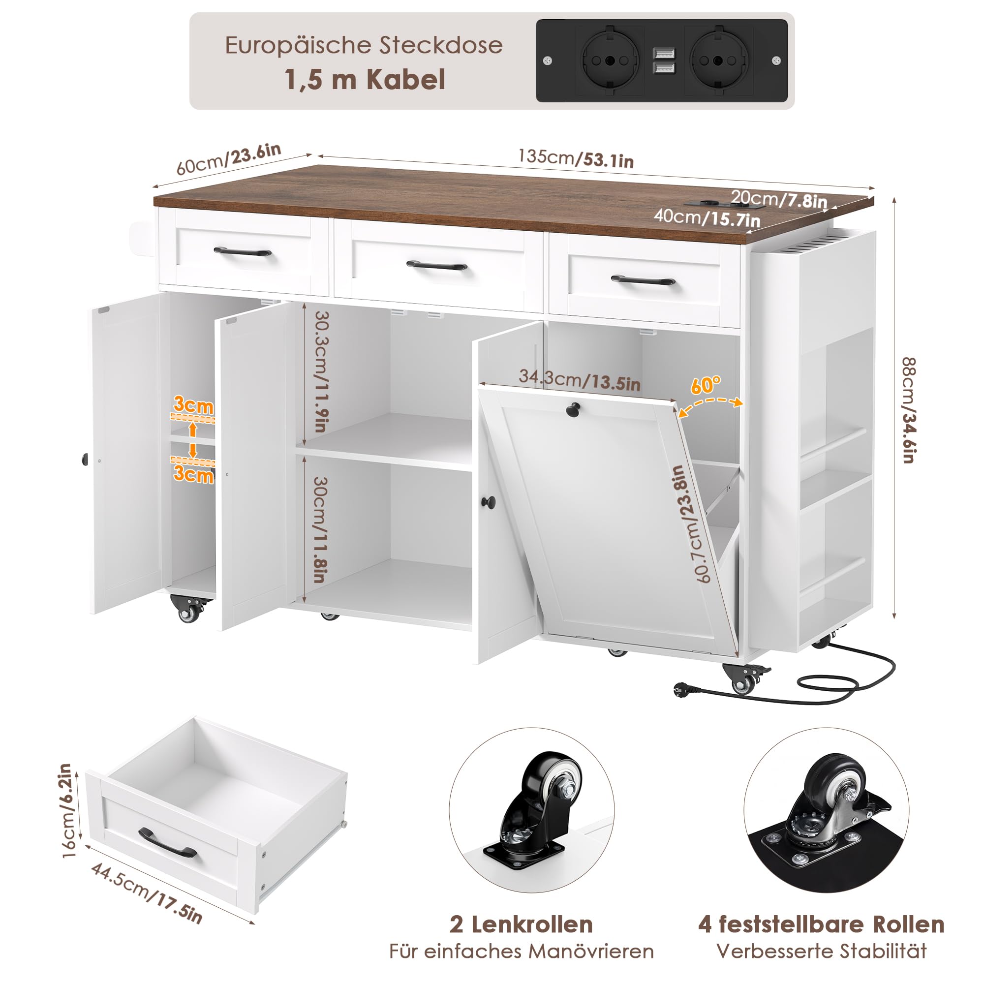 FirFurd Kücheninsel freistehend mit Rollen, Küchenwagen mit Steckdoseleiste | Kücheninsel mit klappbarer Arbeitsplatte, Küchenwagen mit Messerblock, Servierwagen für Küche, Esszimmer, 135x60x88cm weiß