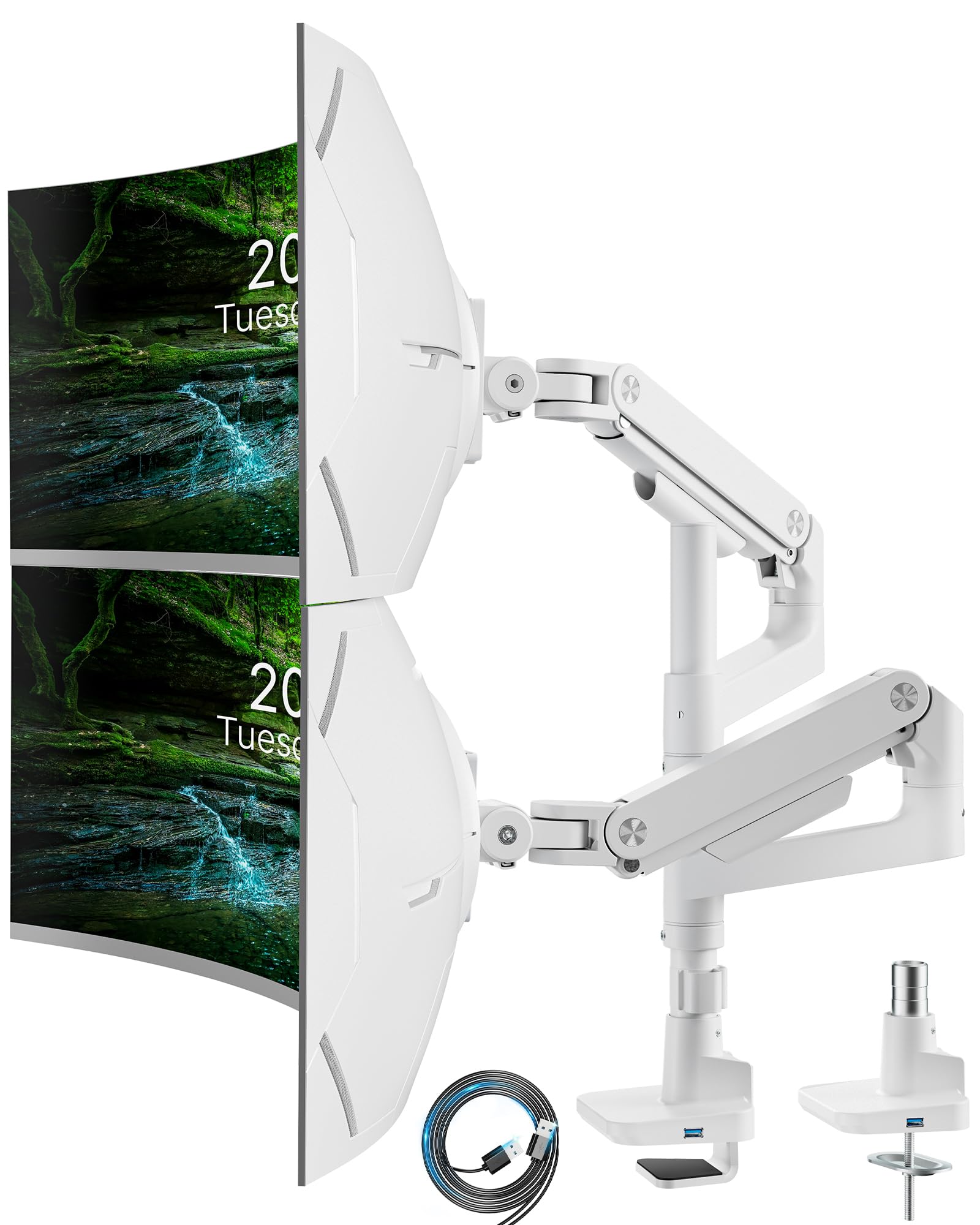 ARES WING Monitorhalterung 2 Monitore mit USB,17–49Zoll, 20kg/Arm, Weiß | Dual Monitorarm übereinander mit Gasfeder, höhenverstellbar für Curved & Flach-Bildschirme, Kabelmanagement, VESA 75/100 mm