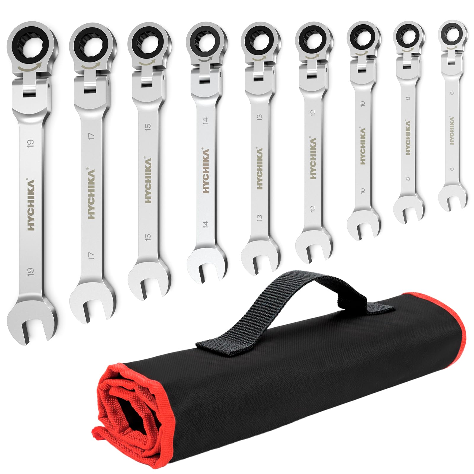 HYCHIKA Ratchet Spanner Set 9pcs, Flexible Combination Wrench 6-19 mm, Flex-Head Spanner Sets, Combination Spanner in Roll Bag for Car Repairing, Industrial Maintenance