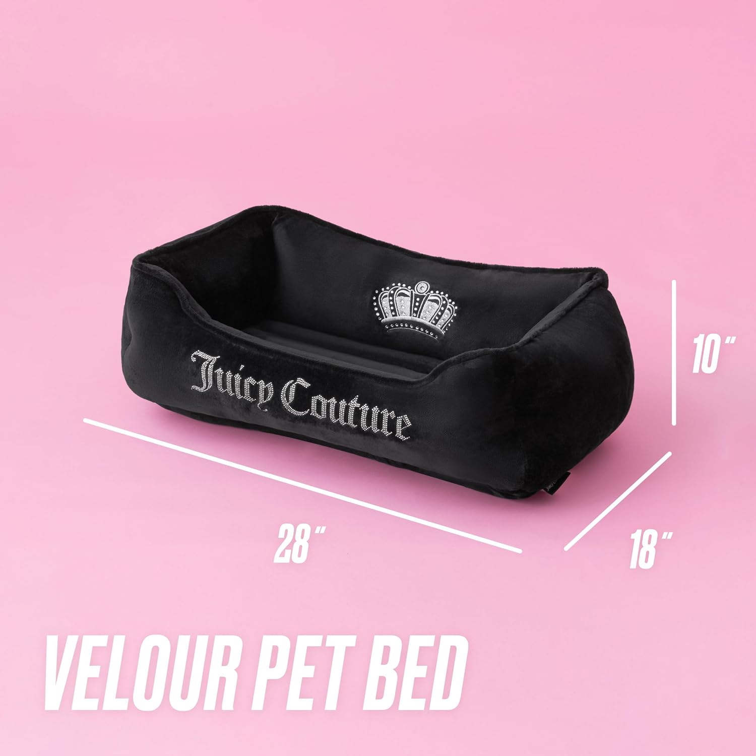 Juicy Couture Crown Bling Black Pet Bed for Dogs and Cats - Medium 28" x 18" x 10"