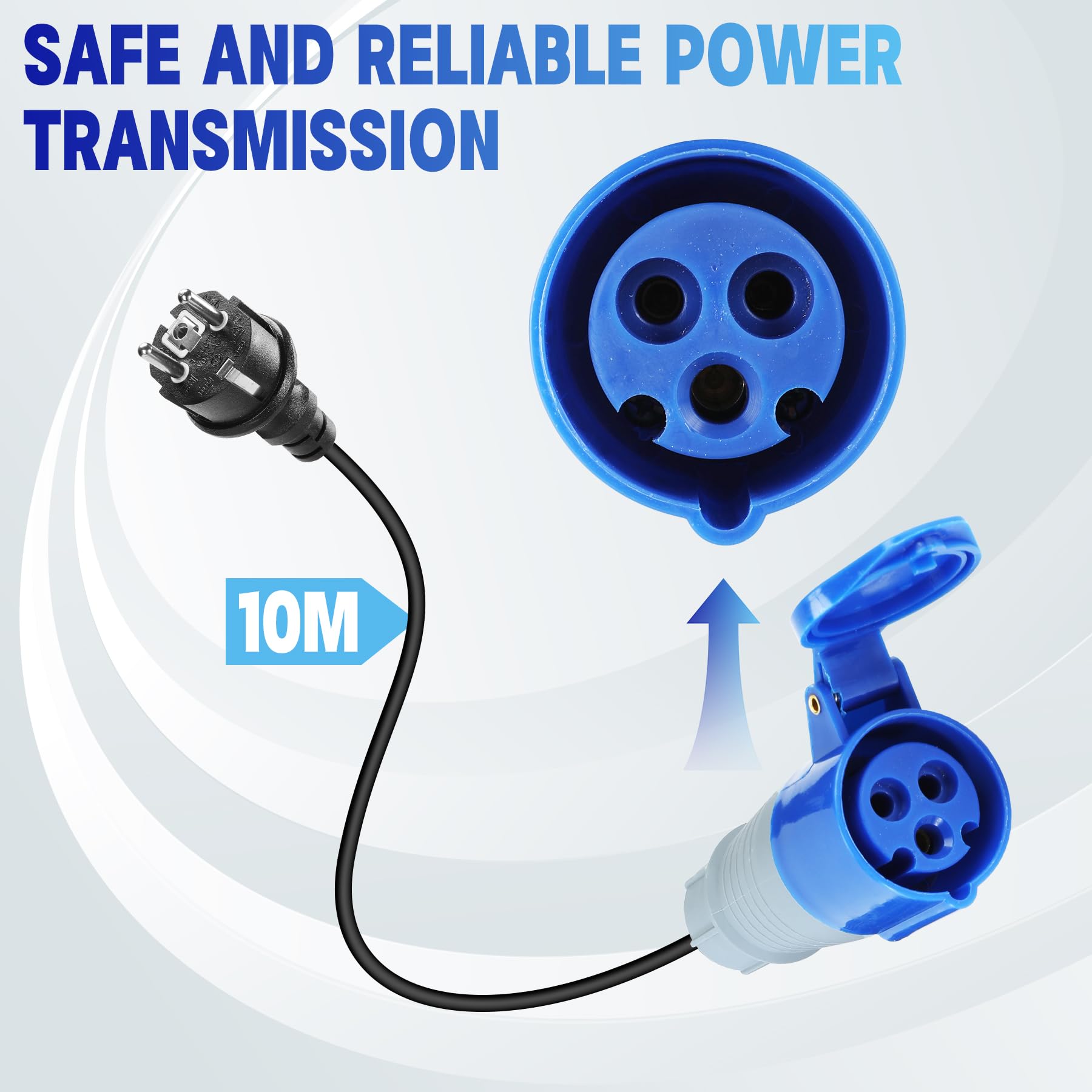 Przewód adaptera CEE, 10 m, adapter CEE, 230 V/16 A, 3-biegunowa wtyczka CEE, kabel IP44 CEE, przedłużacz ze złączem kątowym CEE, złącze Schuko, adapter do wtyczki kempingowej, akcesoria do przyczep