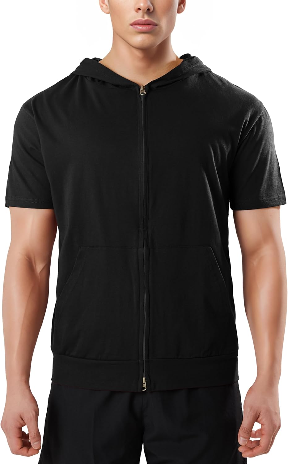 Ohoo Mens Comfortable Zip Up Hoodie Short Sleeve Lightweight Thin 100% Cotton Double Slide Zipper Jacket