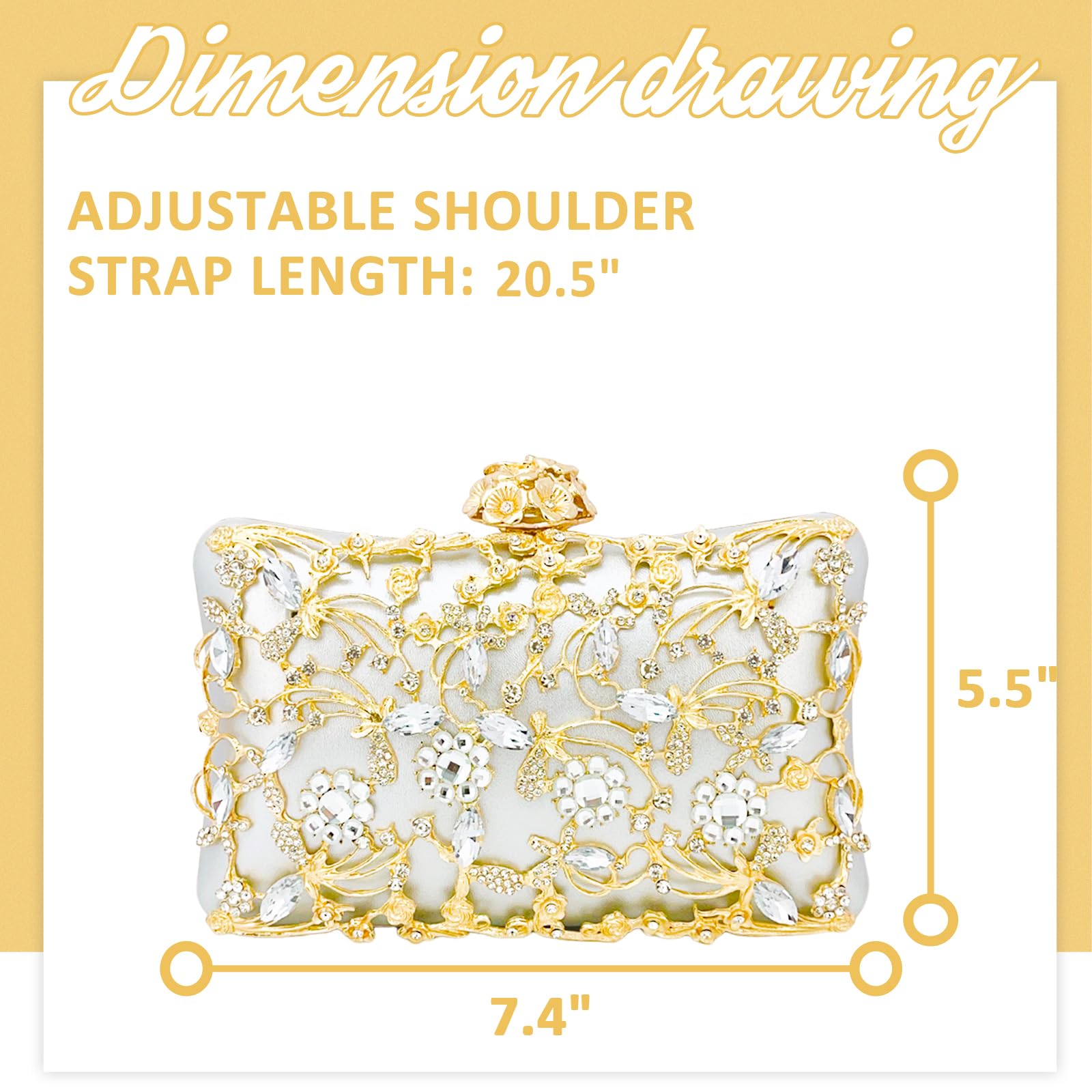 QTKJ Evening Bag for Women, Rhinestone Clutch Purses, Crossbody Bag for Wedding, Prom, Parties, Travel(White)