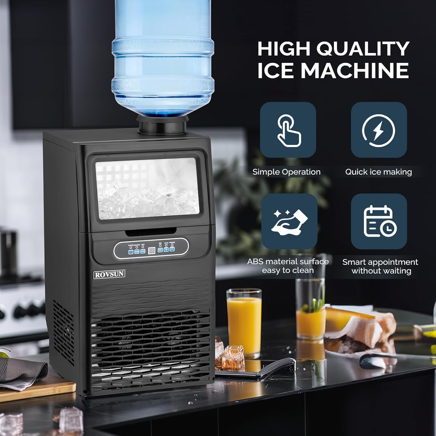ROVSUN 90LBS/24H Commercial Ice Maker Machine with 11lbs Storage Bin, Freestanding/Countertop Ice Machine with 2 Water Inlets, Ice Scoop & Water Filter for Home Office Restaurant Bar Cafe Use