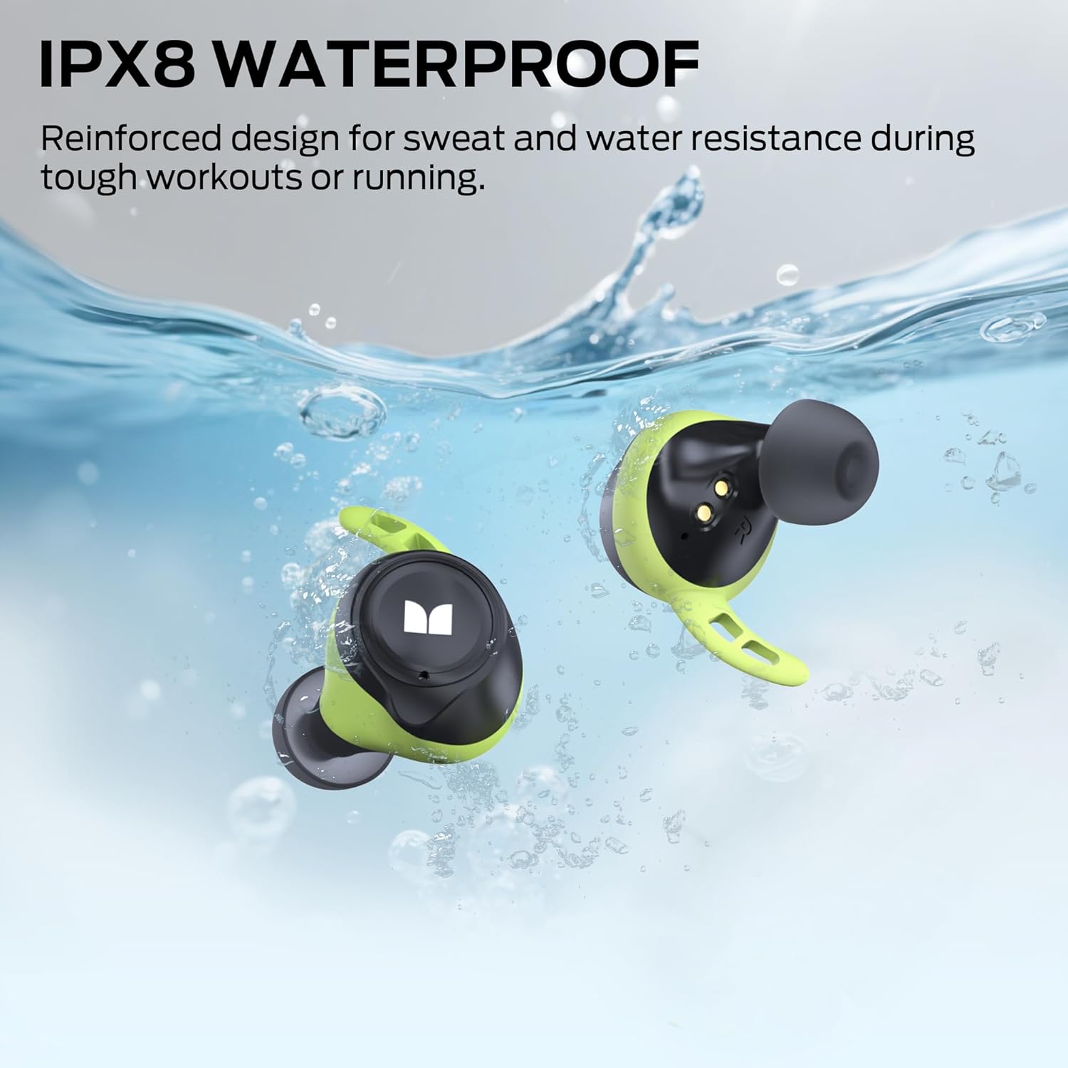 Monstre Champion Wireless Earbuds submerged in water, illustrating their IPX8 waterproof capability.