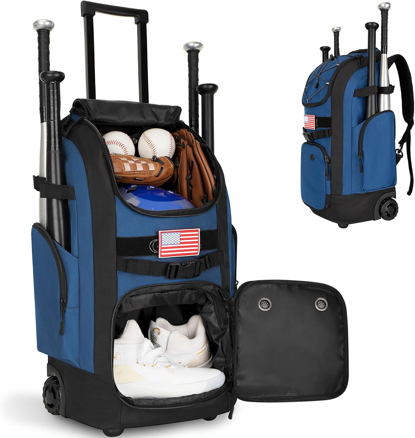 Rolling Baseball Bag with Wheels, 60L Capacity Wheeled Softball bag with Shoe Compartment for Youth & Adult, Bat bag with Hidden Straps,Fence Hook,Holds 4 Bat, Helmet, Glove