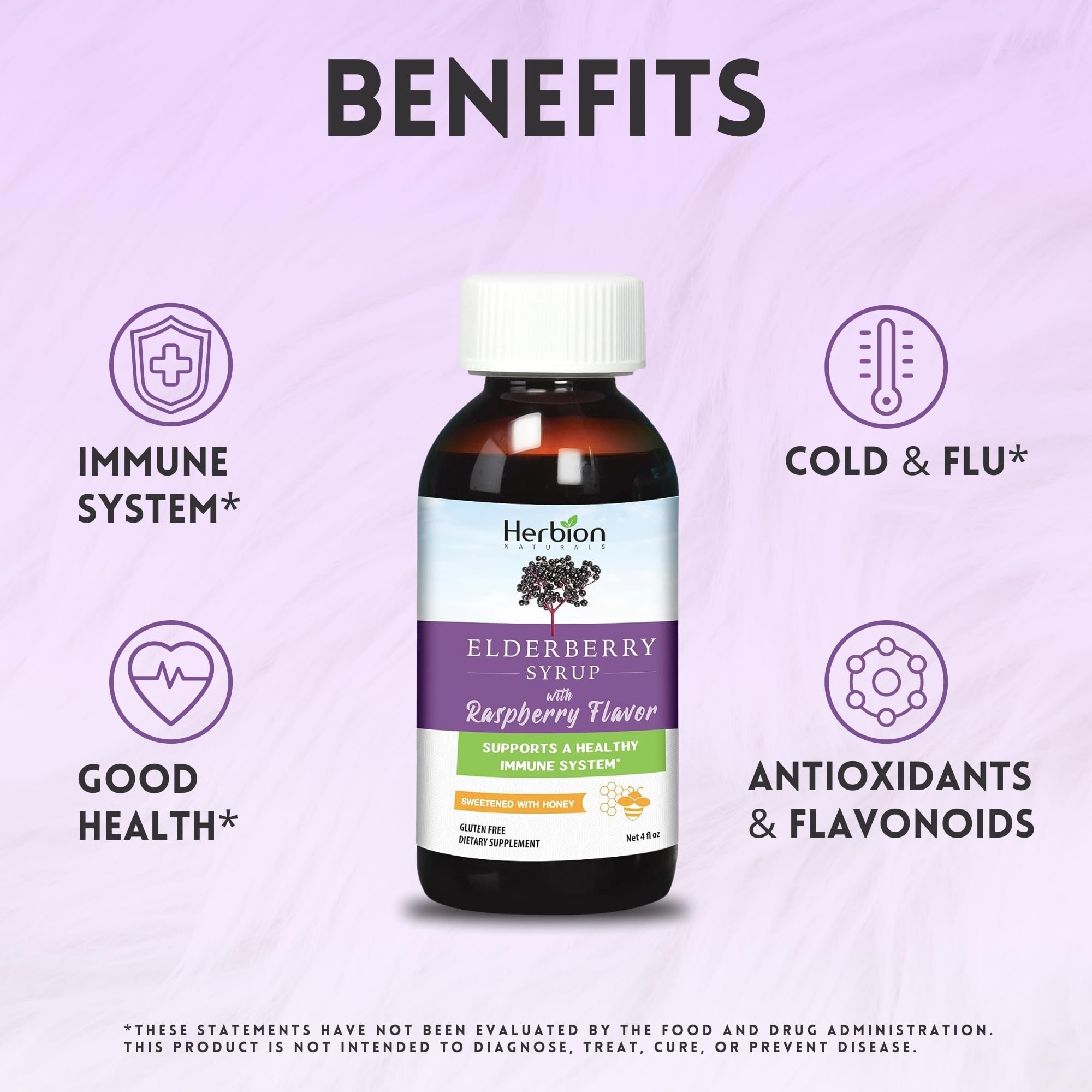 Herbion Naturals Vlierbessensiroop, honing gezoet met natuurlijke frambozensmaak, gemaakt in de VS, 4 FL Oz