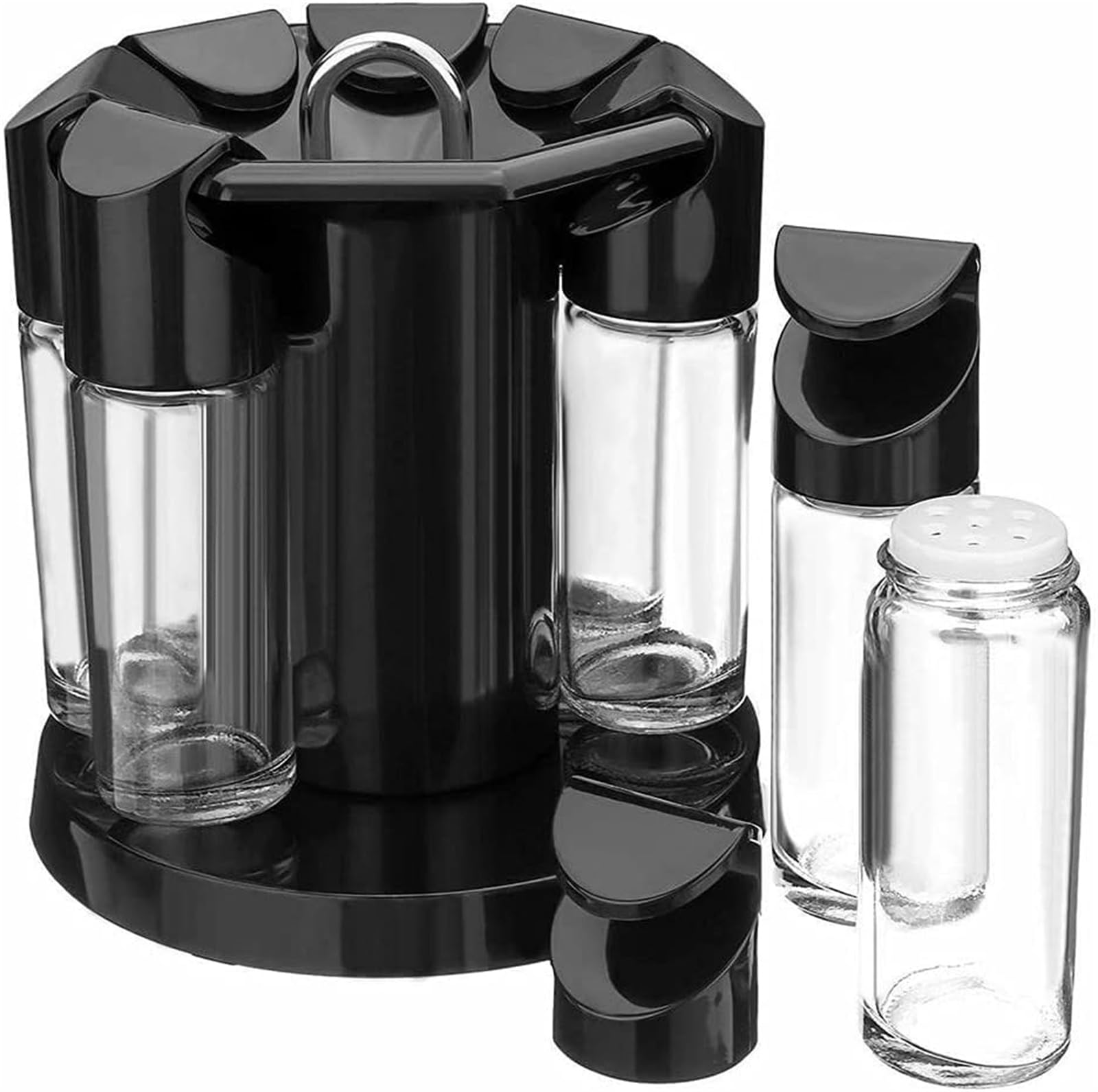 Portaspezie girevole a 360°, con 8 barattoli per spezie, autoportante, organizer per spezie e erbe aromatiche, elegante soluzione da cucina (nero/trasparente)
