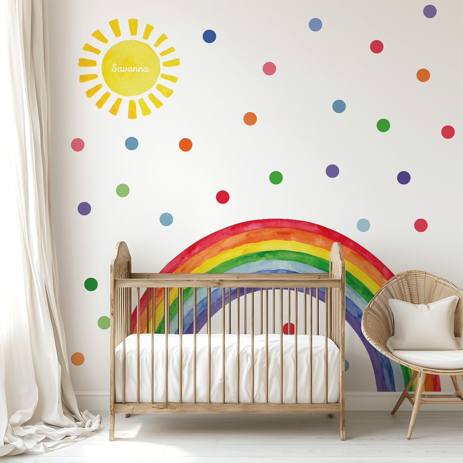 Watercolor Rainbow, Sun, Polka Dots Wall Decal for Kids Room, Nursery, Baby Room Decor, Polka Dots Mural, Rainbow Wallpaper (Vibrant Rainbow, Large)