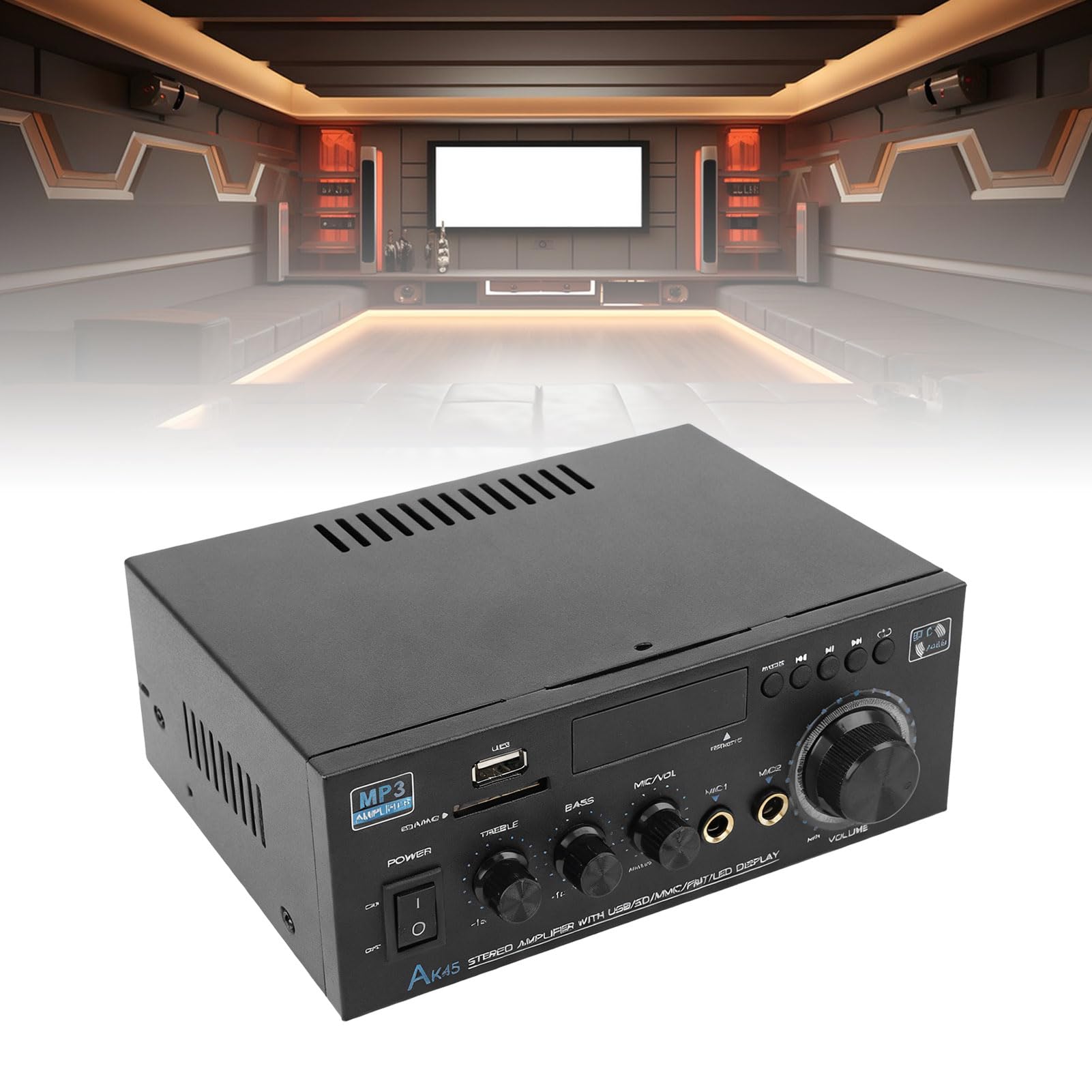 Ricevitore Audio Stereo a 2.0 Potente Amplificatore per Altoparlante Home Theater Slot per Scheda di Memoria USB Ingresso Microfono Camera da Letto Ufficio Lega di Alluminio (Spina europea)
