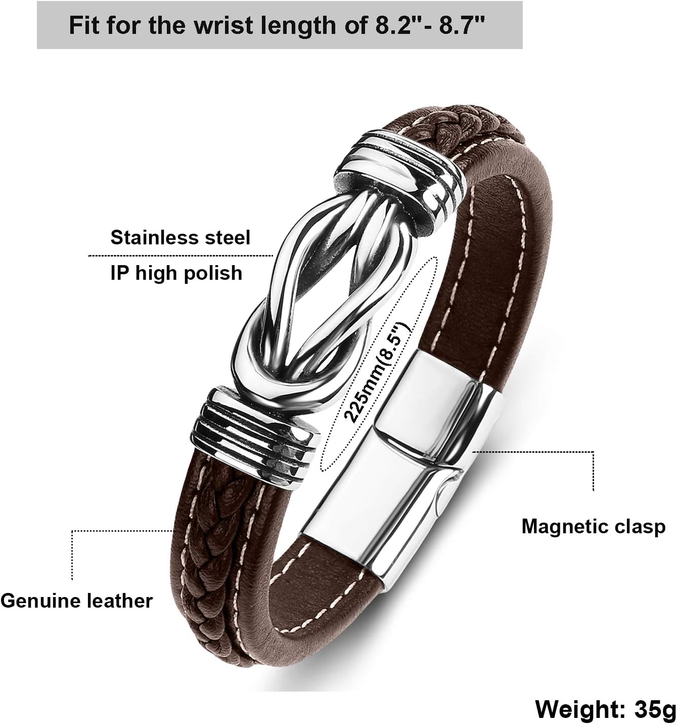 Mens Leather Bracelet,Braided Leather Wristband Cuff Bracelets Stainless Steel Clasp,Jewellery Gift for Men - Image 3