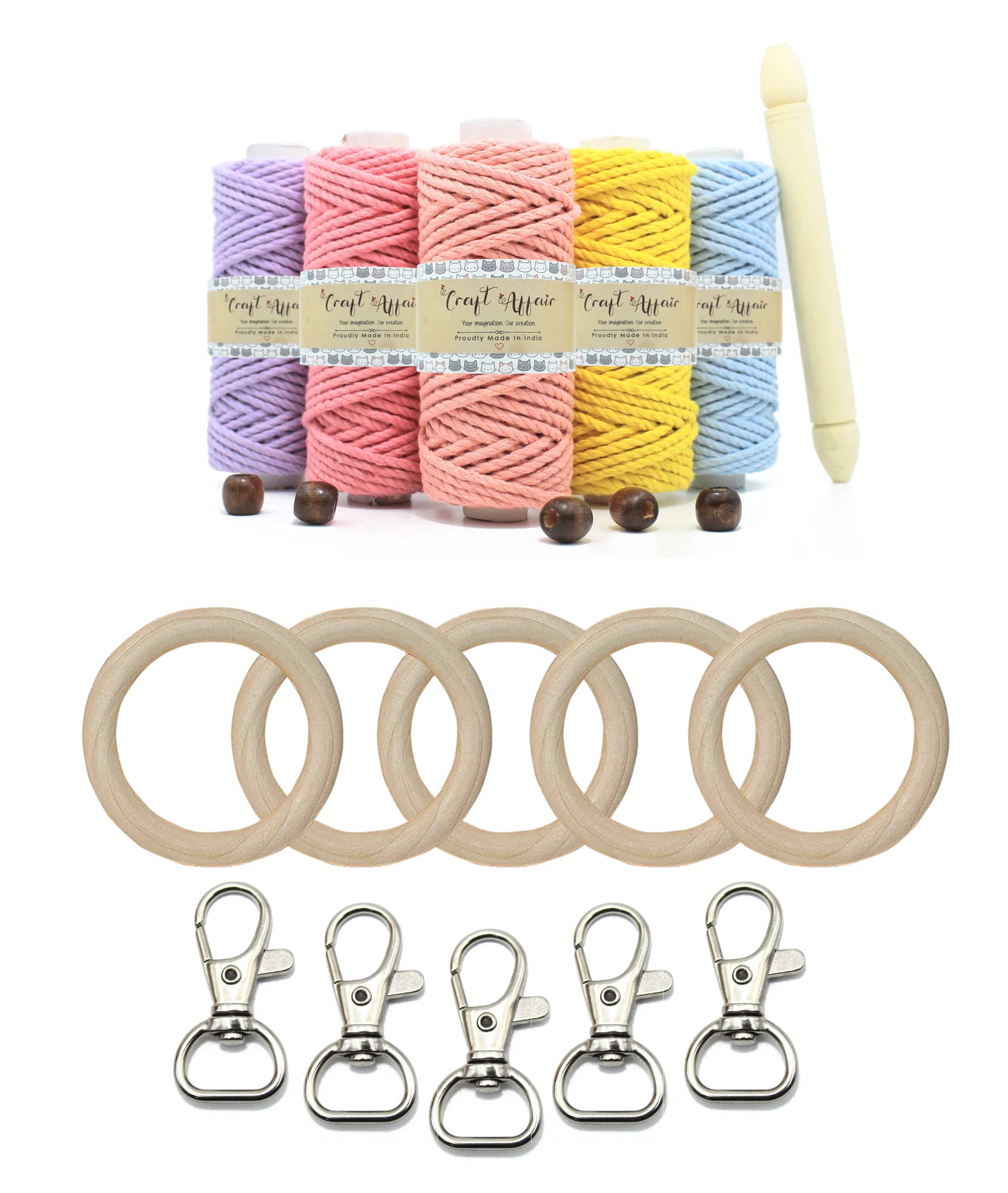 Craft Affair | Macrame Wall Hanging Kit (10 Meter Combo, 7cm Rings, 4cm Lobster) | Macrame Kit for DIY Projects,Wood, Blue