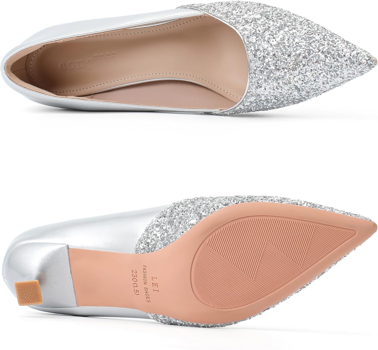 Silver Women's Kitten High Heels 2 Inch Sequin Pointed Toe Leather Pumps Comfortable Slip On Wedding Party Dress Stilettos Shoes Size 8.5 - Image 4