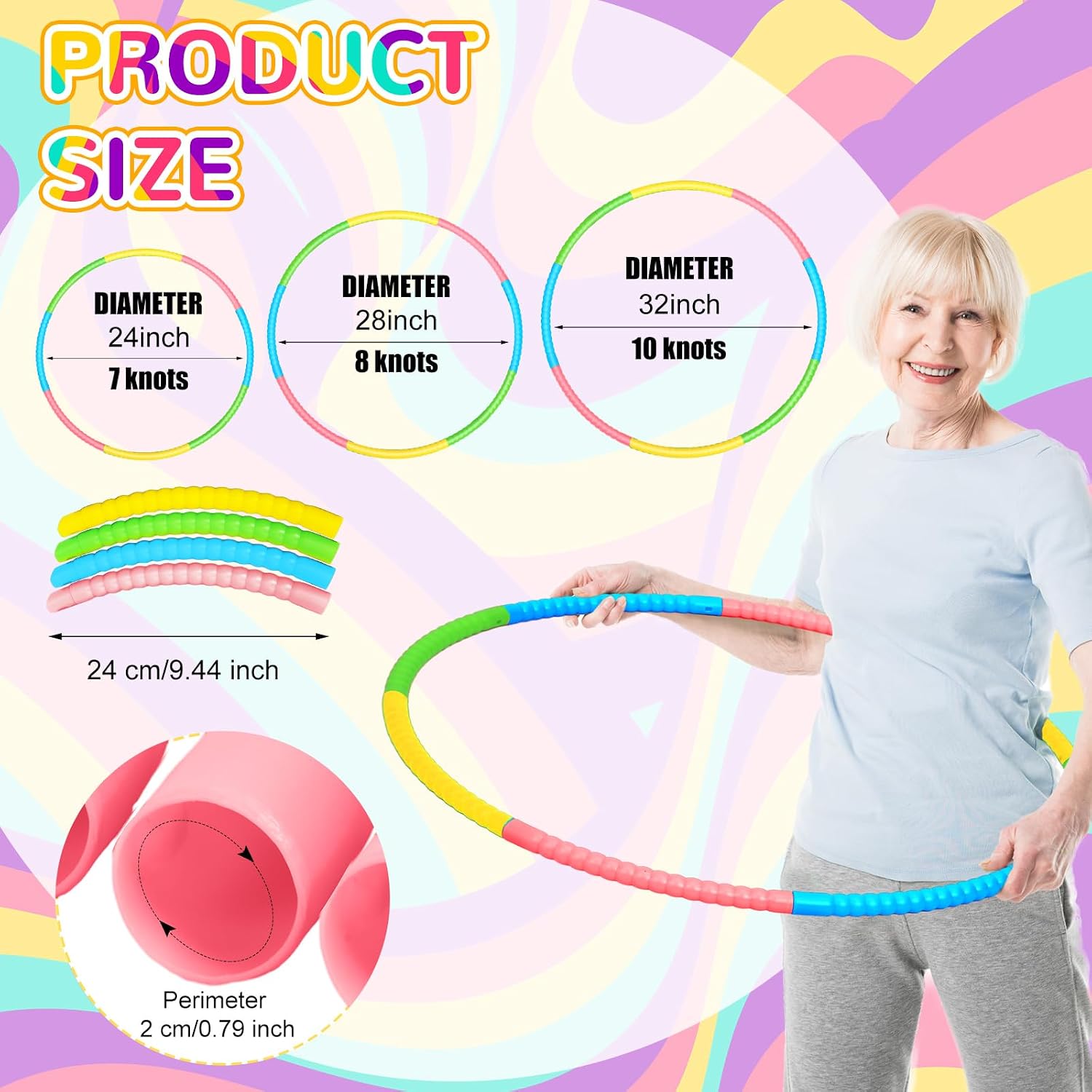 Syhood 12 Pcs Toy Color Hoop Plastic Detachable Adjustable Hoop Light Weight Exercise Fitness Equipment Toy Waist Ring for Adult Party, 3 Sizes(Green, Pink, Yellow, Blue)
