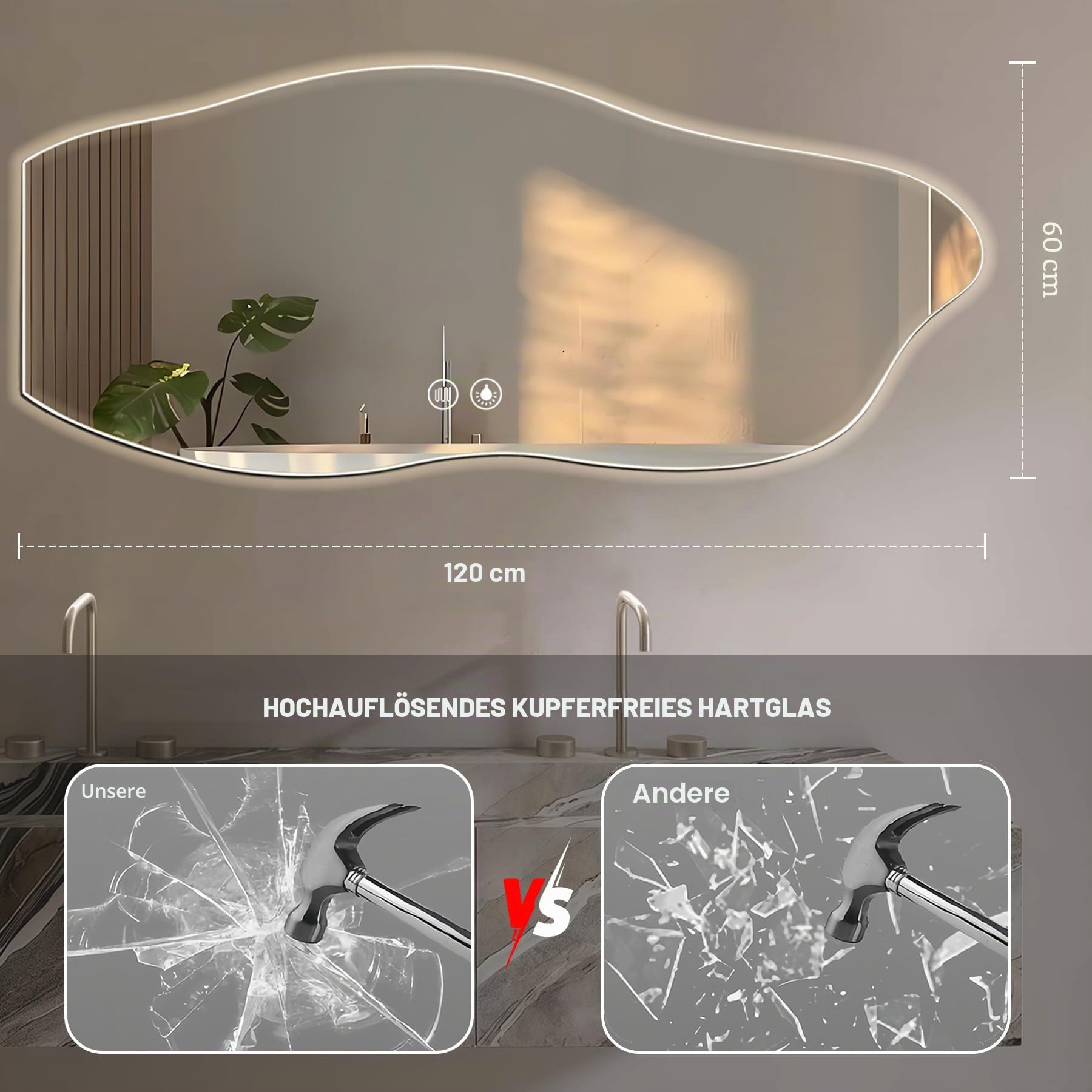 LED Spiegel Bad 120x60cm, Asymmetrischer Beleuchteter Badezimmerspiegel mit Touch-Schalter, 3 Lichtfarben, Dimmbar, Memory-Funktion, Beschlagfreier Wandspiegel, Gehärtetes Glas