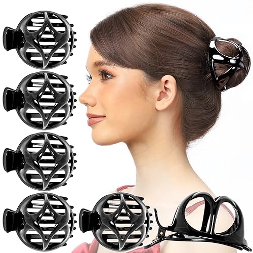 RC ROCHE ORNAMENT 6 Pcs Womens Round Classic Bun Maker Cover Side Slide Plastic No Slip Firm Secure Grip Styling Beauty Fashion Accessory Jaw Clamp Claw Hair Clip, Large Black - Large (Pack of 6) - Large-Black