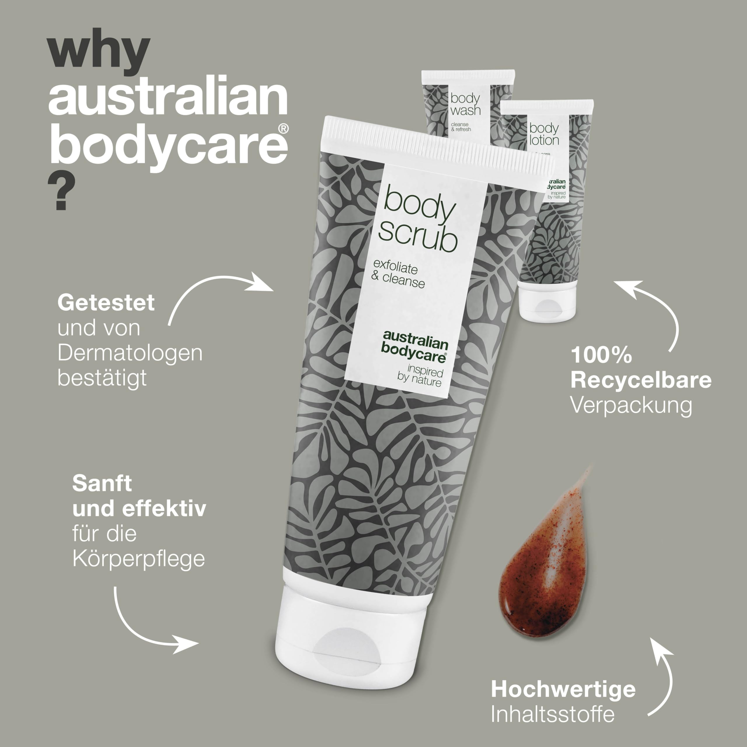 Australian Bodycare Set gegen Pickel auf dem Rücken | Teebaumöl Körperpeeling, Duschgel & Bodylotion bei unreiner Haut & gegen Pickel am Po | Auch gegen Juckreiz am ganzen Körper | 100% Vegan