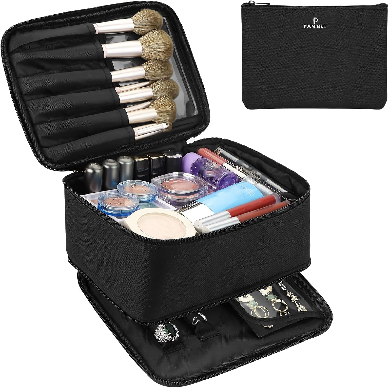 Pocmimut Makeup Bag and Jewelry Bag,2 in 1 Travel Organizer Case Cosmetic Bag with Brush Storage for Earrings Necklaces,Black
