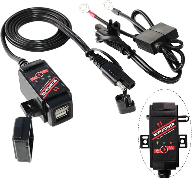 MOTOPOWER MP0608-UK 3.1Amp Motorcycle Dual USB Charger and Battery Monitor with Switch Control