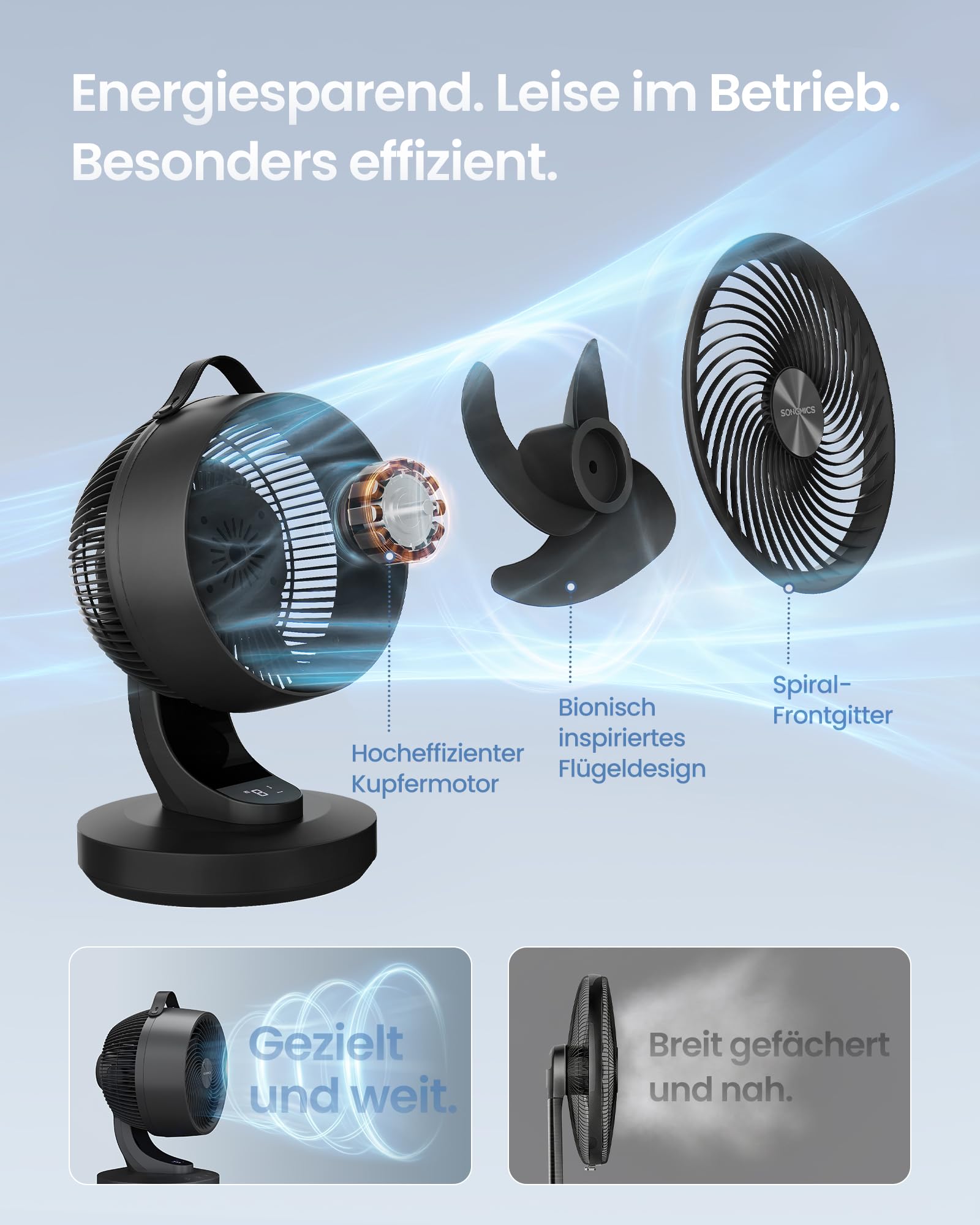 SONGMICS Tischventilator, Ventilator leise 20 dB, Luftzirkulator LED-Display, Fernbedienung, effiziente Kühlung, 70° Oszillation, 8 Geschwindigkeiten, 12 Std. Timer, tintenschwarz XFC001B1EU