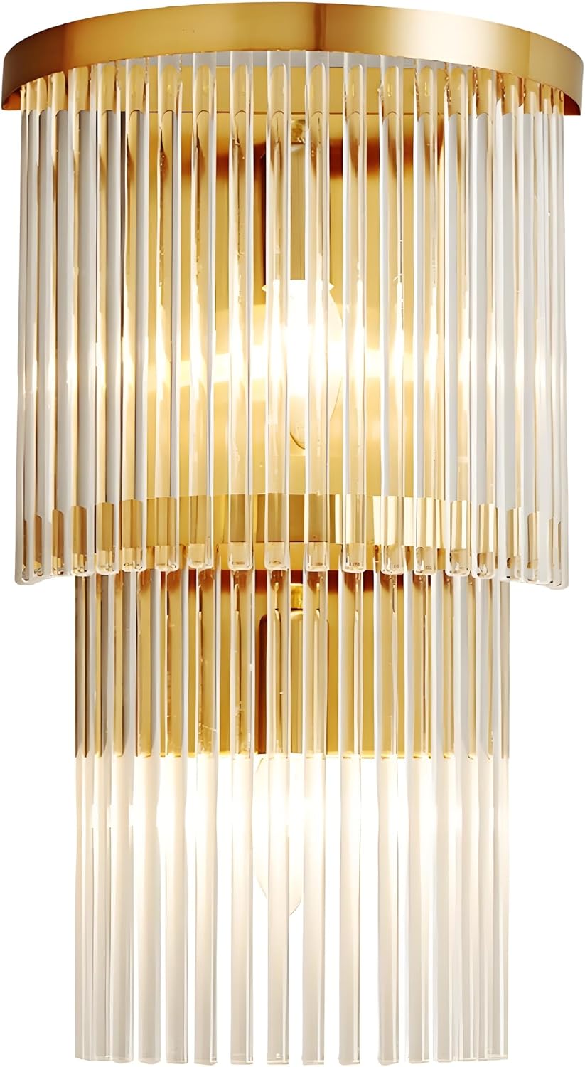 Modern Double-Layered Gold Crystal Wall Sconce Light, E14 LED Luxury Wall Lamp with Gold-Finish Stainless Steel Frame for Bedroom, Living Room, Hotel