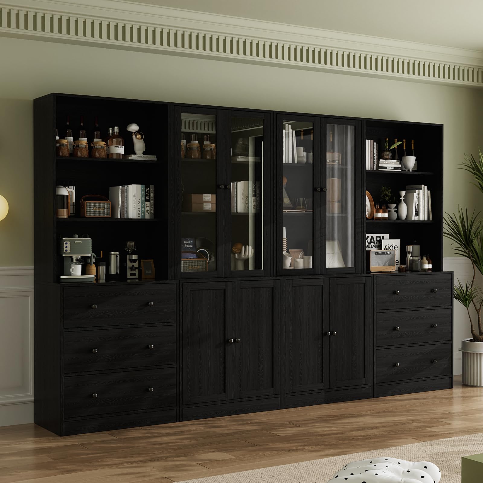 VOWNER 5-stöckiges Bücherregal mit Glastüren, 180 cm Vitrinenschrank, Küchenschränke, Küchenschrank Hochschrank, Buffetschrank für Küche, Wohnzimmer, Esszimmer, 4PCS (Schwarz)