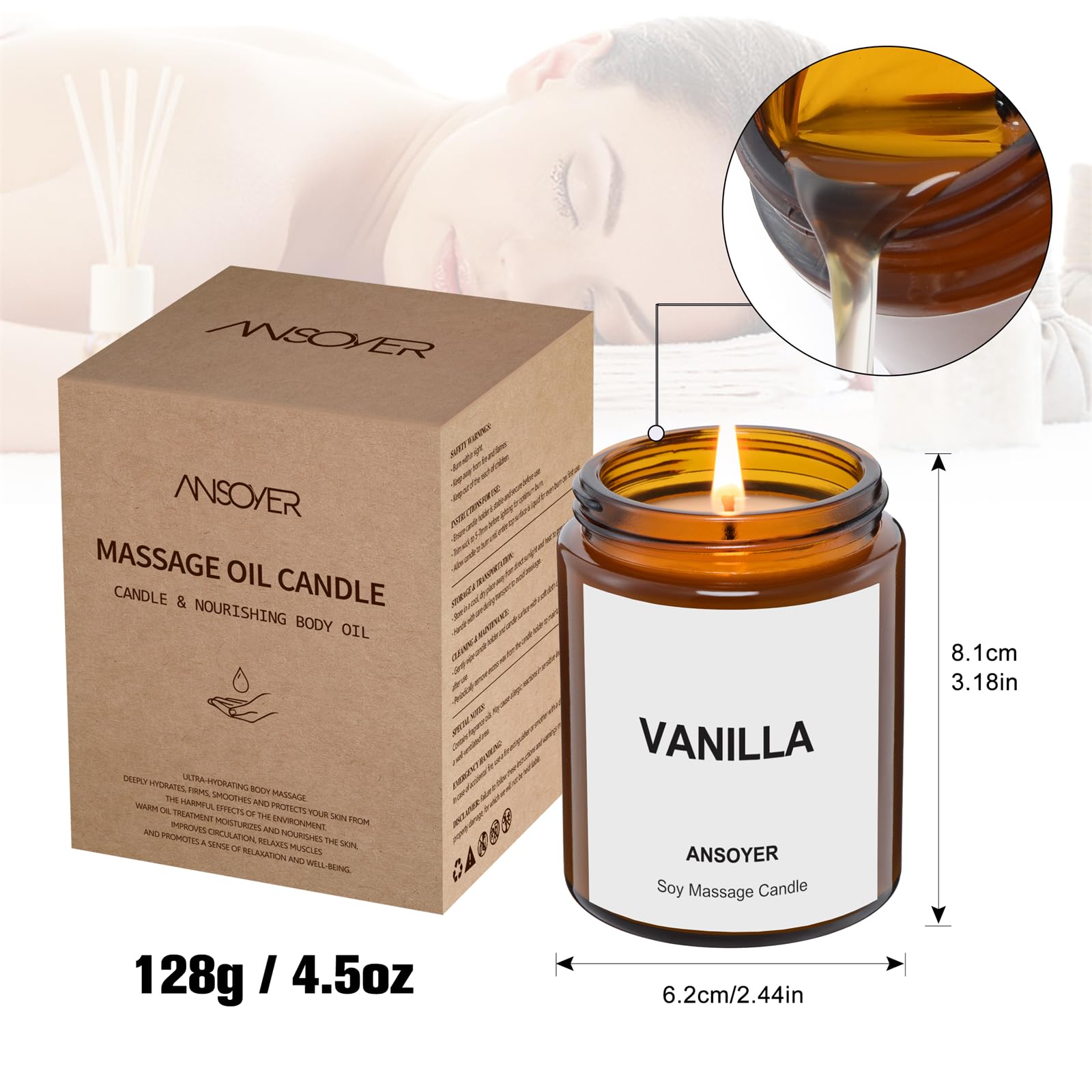Vela de masaje ANSOYER de 128g. Vela para relajarse con materias primas naturales: aceite de coco y aceite de soja. Hidratante y nutritive (Vainilla)