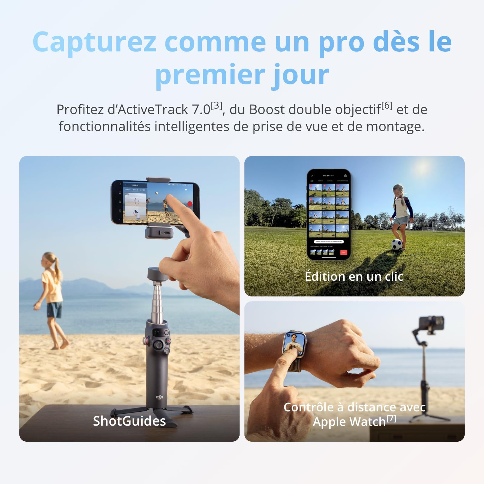 Nacelle stabilisatrice pour Smartphone DJI Bundle Suivi avancé Osmo Mobile 8, Suivi natif IA avec Audio et éclairage, Rotation panoramique à 360°, Barre d’Extension et trépied intégrés