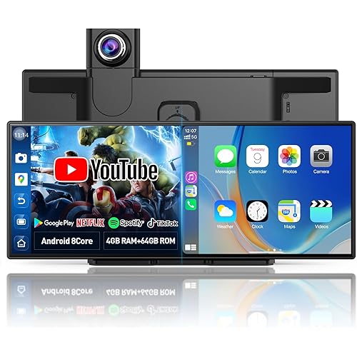 10.25" QLED Carplay Screen for Car Android 8Core 4G+64G Apple CarPlay & Android Auto Screen with Netflix YouTube Google Play 1080P Front & Rear Camera Split Screen GPS Navigation Voice Control