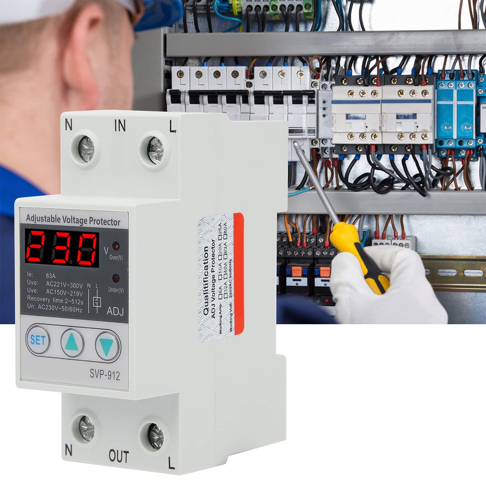 Jadeshay Protezione Contro Le Sovratensioni Dispositivo Monofase Regolabile 230V 63A con Protezione da Sottotensione, Sovracorrente e Autoripristino su Guida DIN