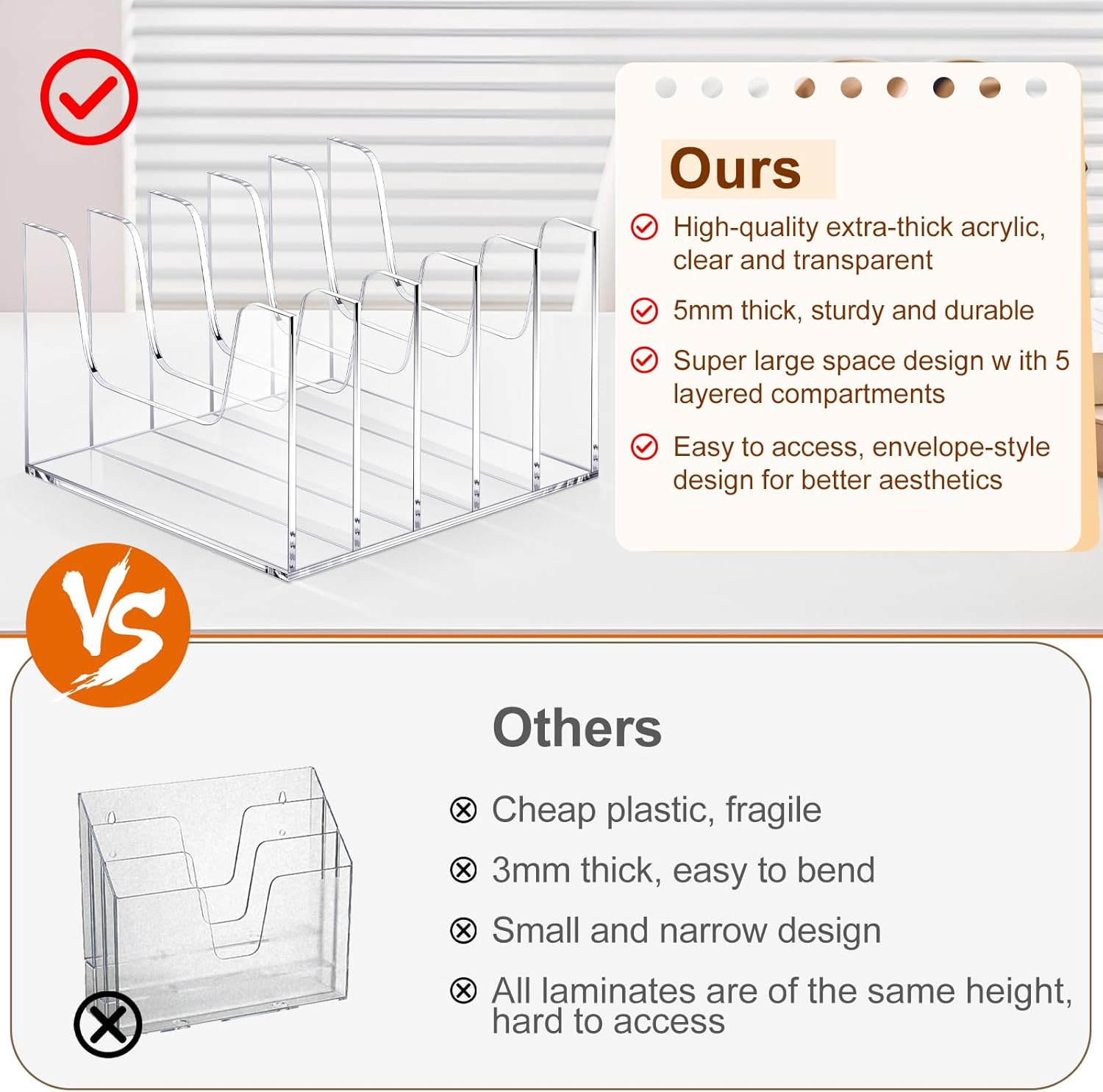 クリアアクリルマガジンファイルホルダー ワークスペース 5セクション 本棚 アップライトブック 紙 雑誌 ノート 封筒 メールソータ