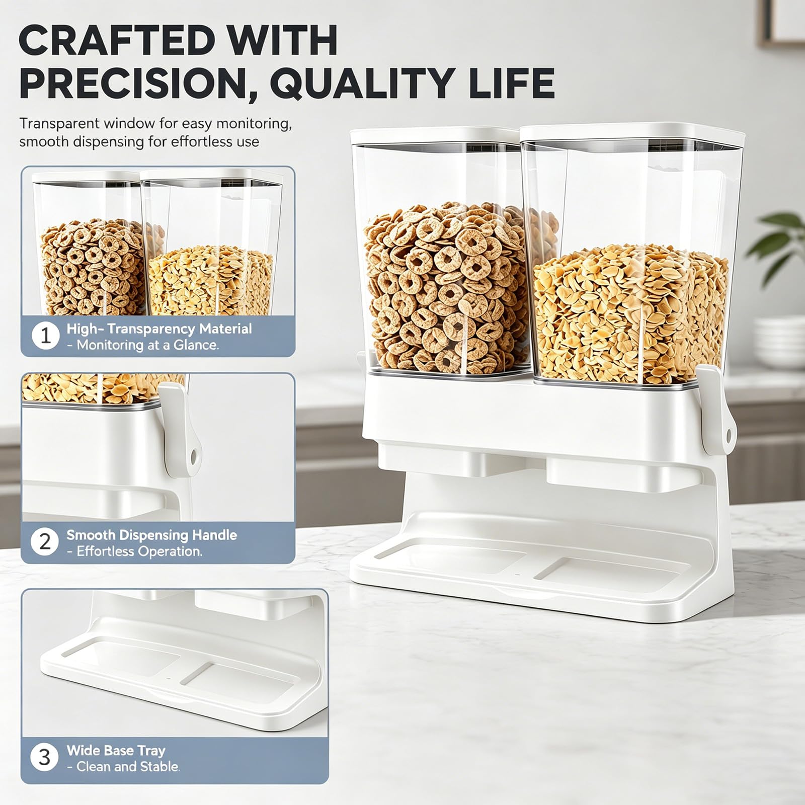 Doppio dispenser per cereali, 2 contenitori da 3 l, con dispenser, dispenser per cibo secco, cornflakes, cereali, riempitrice per cibo per animali (bianco)