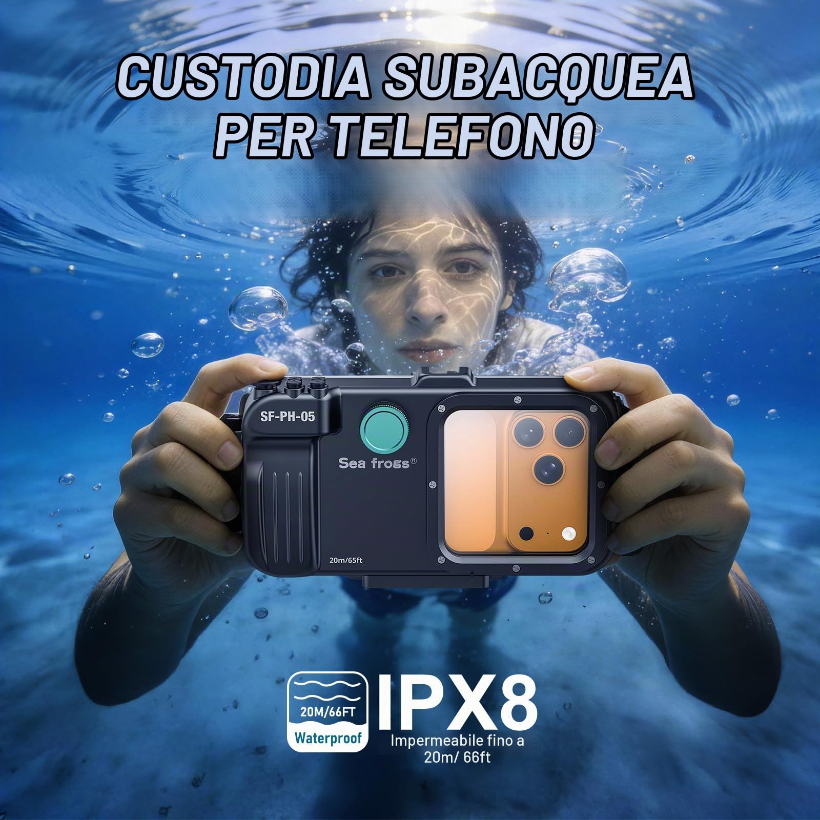 Custodia subacquea Sea Frogs per smartphone, impermeabile fino a 20 m/65 piedi, con filtro rosso, compatibile con iPhone e Android (Nero)