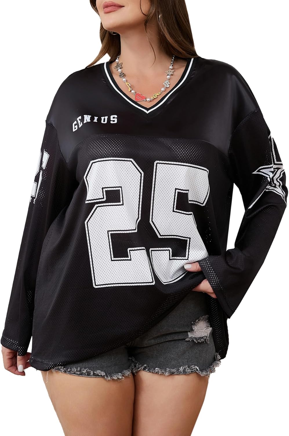 SOLY HUX Women's Y2k Jersey Shirts Oversized Mesh Number Graphic Tees V Neck Long Sleeve Blokette T Shirt Tops