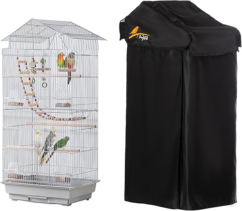 Perfitel Funda para jaula de pájaros pequeños (negro) para jaula de pájaros con techo de material duradero, transpirable, lavable (18 x 14 x 39