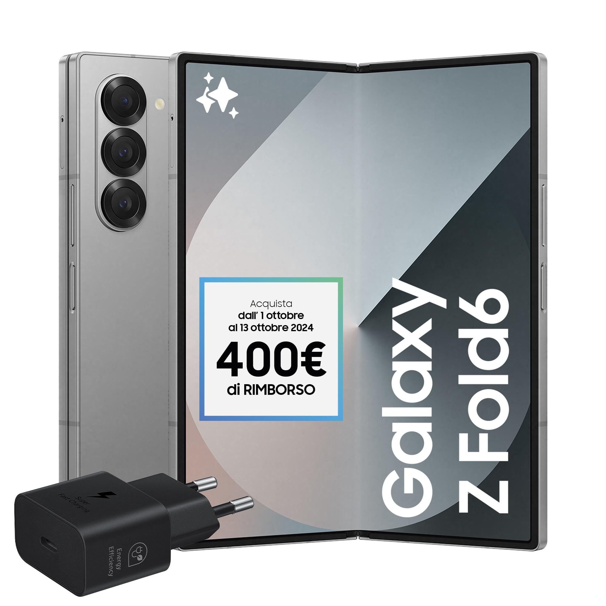 Samsung Galaxy Z Fold6 Smartphone AI pieghevole, Caricatore Incluso, RAM 12GB, 256GB, Dual SIM, Display 6,3"/7,6" Dynamic AMOLED 2X, Batteria a lunga durata, Silver Shadow 2024 [Versione italiana]