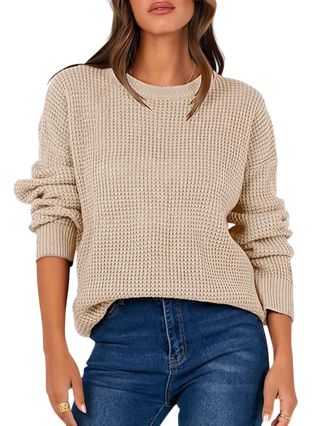 Women’s Oversized Waffle Knit Pullover Sweater – Long Sleeve Casual Loose Fit Cozy Crewneck Winter Top
