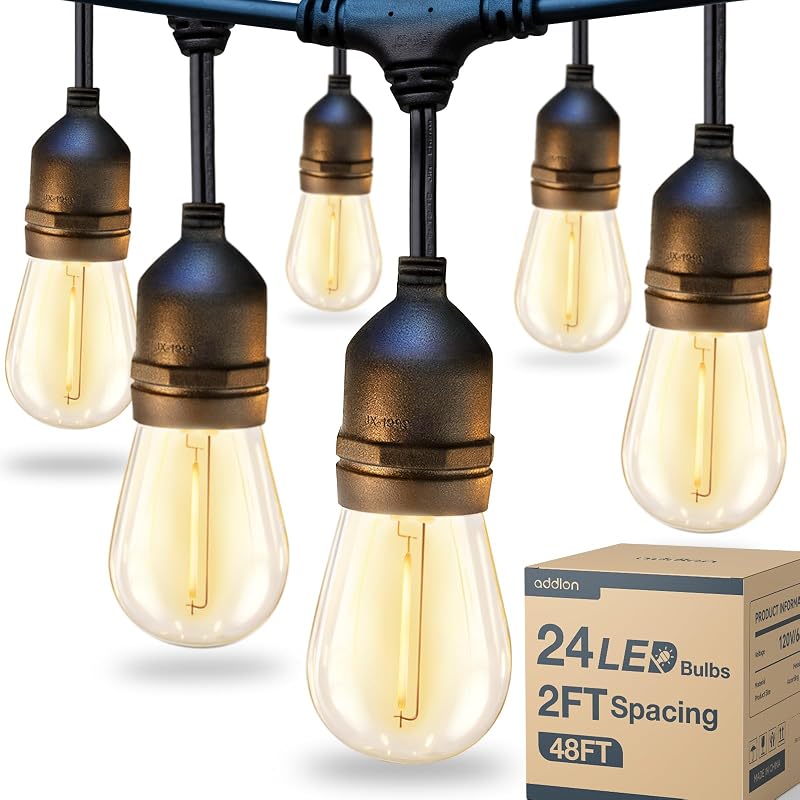 Cadena de luces LED para exteriores de 48 pies con 25 bombillas Edison vintage ETL | Hilo de grado comercial con bombillas inastillables, luces colgantes decorativas para Patio, jardín, cafetería, cubierta de bistró