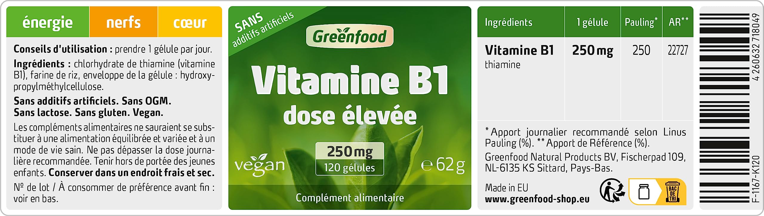 Greenfood Vitamine B1, 250 mg, dose élevée, 120 gélules - pour un métabolisme énergétique normal. SANS additifs artificiels. Sans organisme génétiquement modifié. Comprimés vegan.